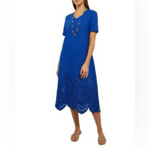 Misook Womens Size Large Short Sleeve Midi Eyelet Dress Blue Hemp Cotton Blend